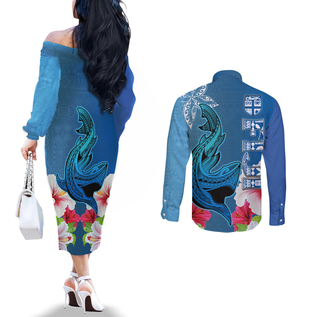 Polynesian Fiji Couples Matching Off The Shoulder Long Sleeve Dress and Long Sleeve Button Shirts Shark and Hibiscus Tapa Pattern Blue Version LT03 - Polynesian Pride