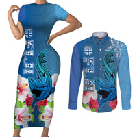 Polynesian Fiji Couples Matching Short Sleeve Bodycon Dress and Long Sleeve Button Shirts Shark and Hibiscus Tapa Pattern Blue Version LT03 Blue - Polynesian Pride