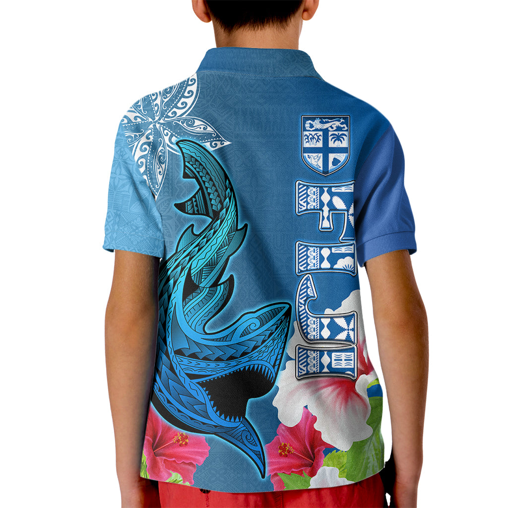 Polynesian Fiji Kid Polo Shirt Shark and Hibiscus Tapa Pattern Blue Version LT03 - Polynesian Pride