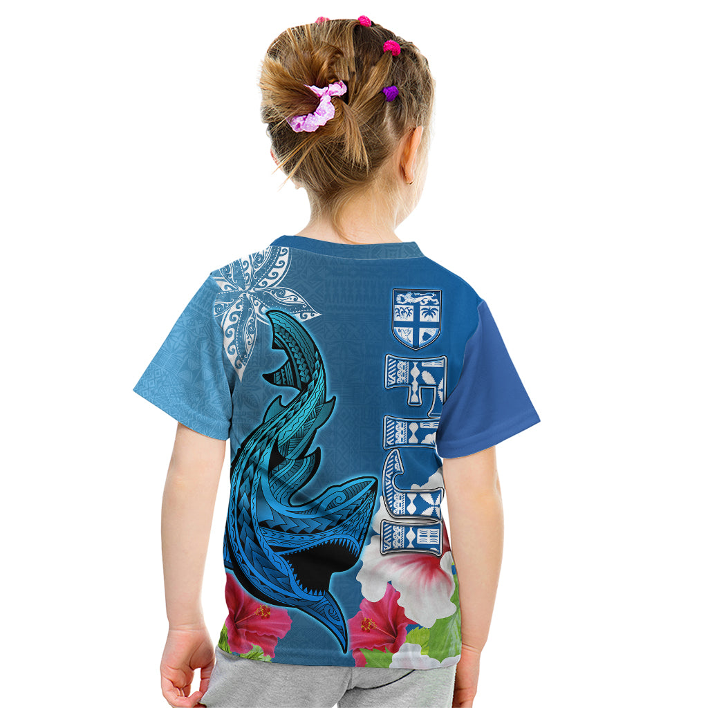 Polynesian Fiji Kid T Shirt Shark and Hibiscus Tapa Pattern Blue Version LT03 - Polynesian Pride