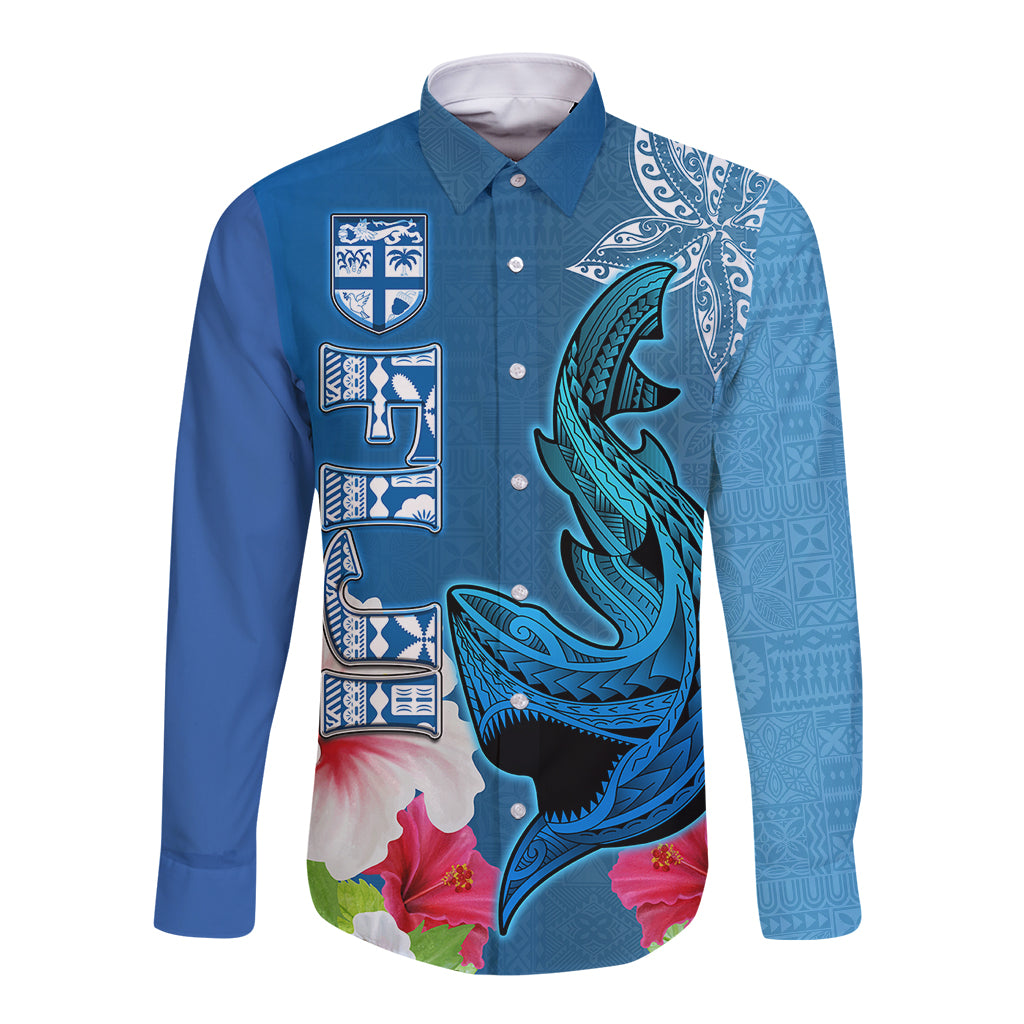 Polynesian Fiji Long Sleeve Button Shirt Shark and Hibiscus Tapa Pattern Blue Version LT03 Unisex Blue - Polynesian Pride