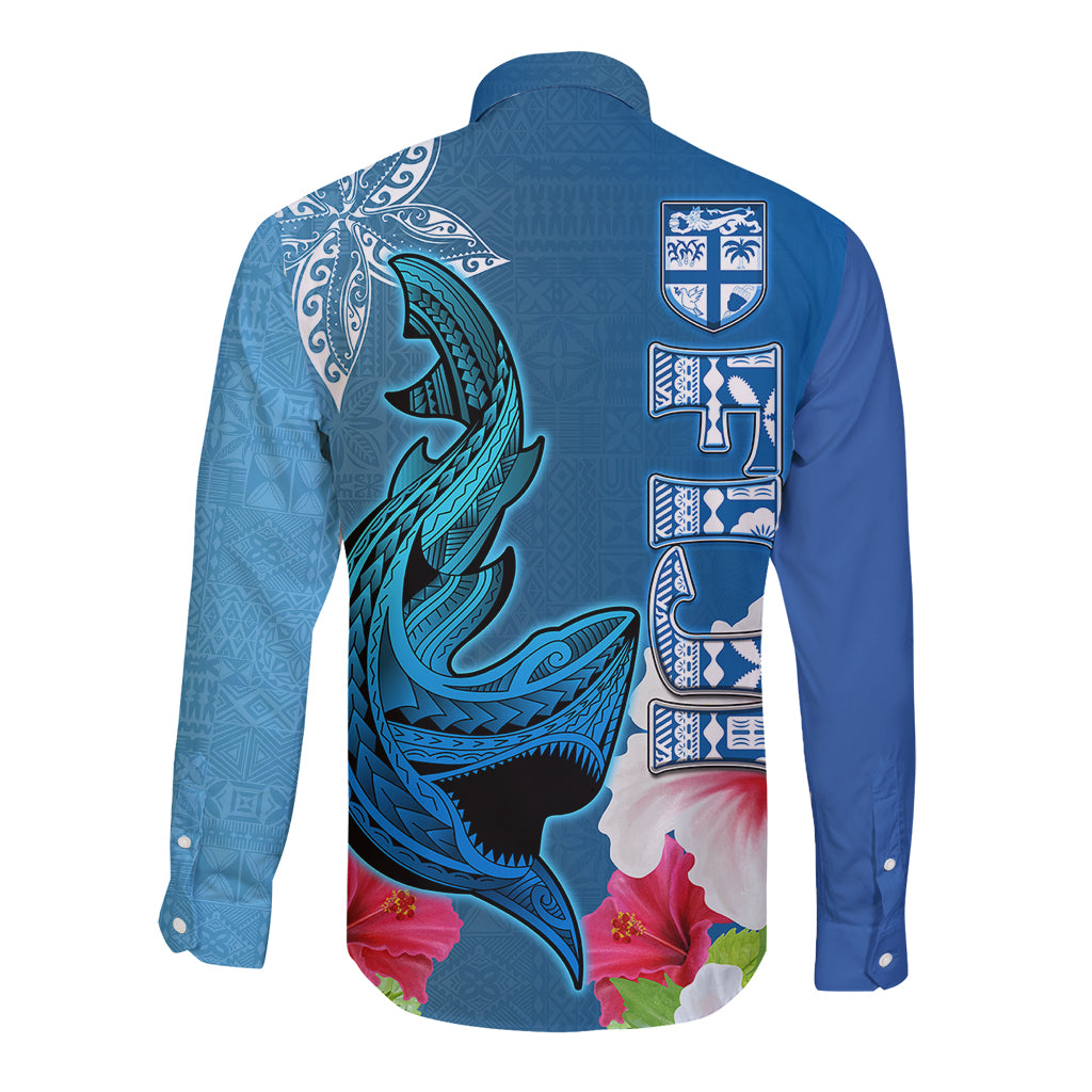 Polynesian Fiji Long Sleeve Button Shirt Shark and Hibiscus Tapa Pattern Blue Version LT03 - Polynesian Pride