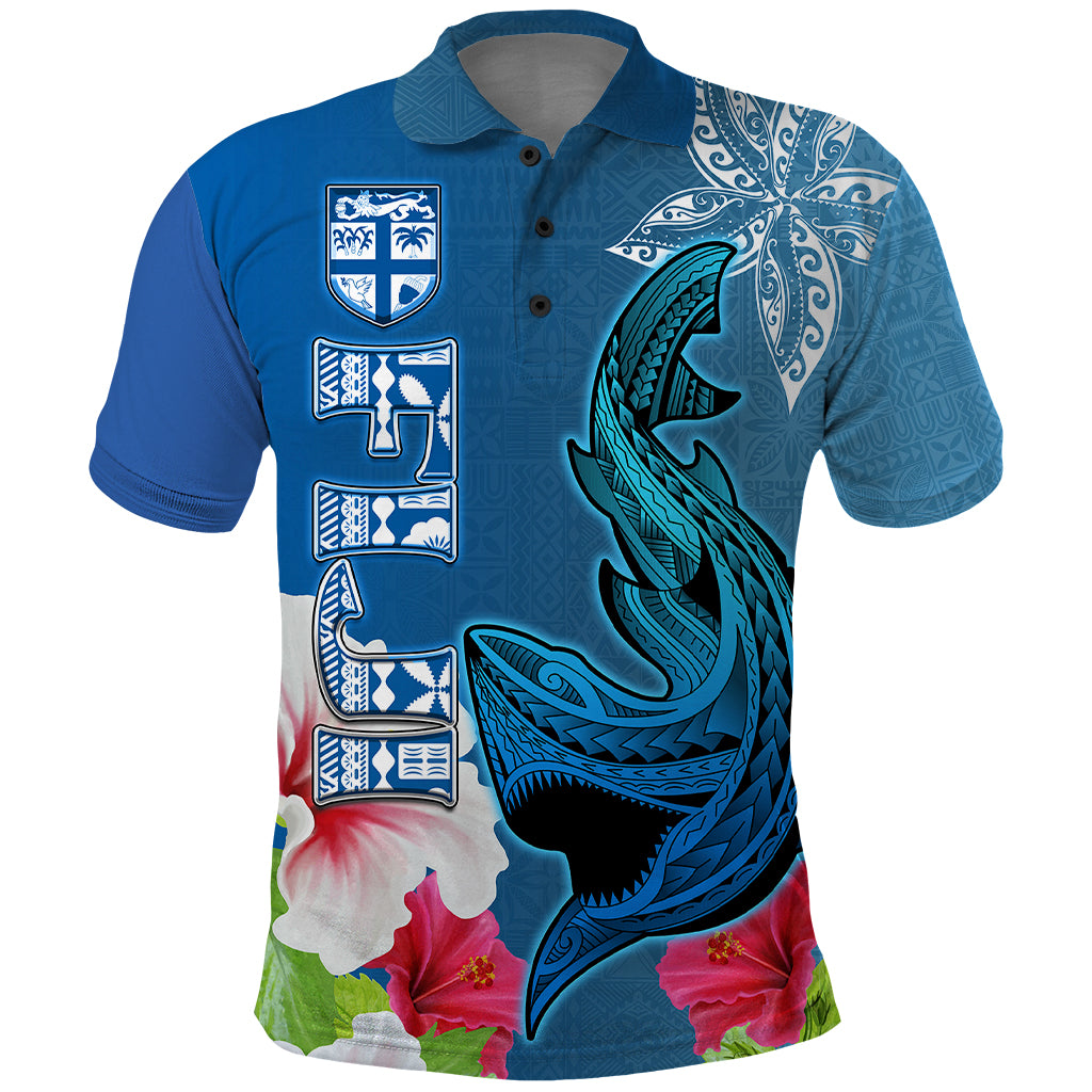 Polynesian Fiji Polo Shirt Shark and Hibiscus Tapa Pattern Blue Version LT03 Blue - Polynesian Pride