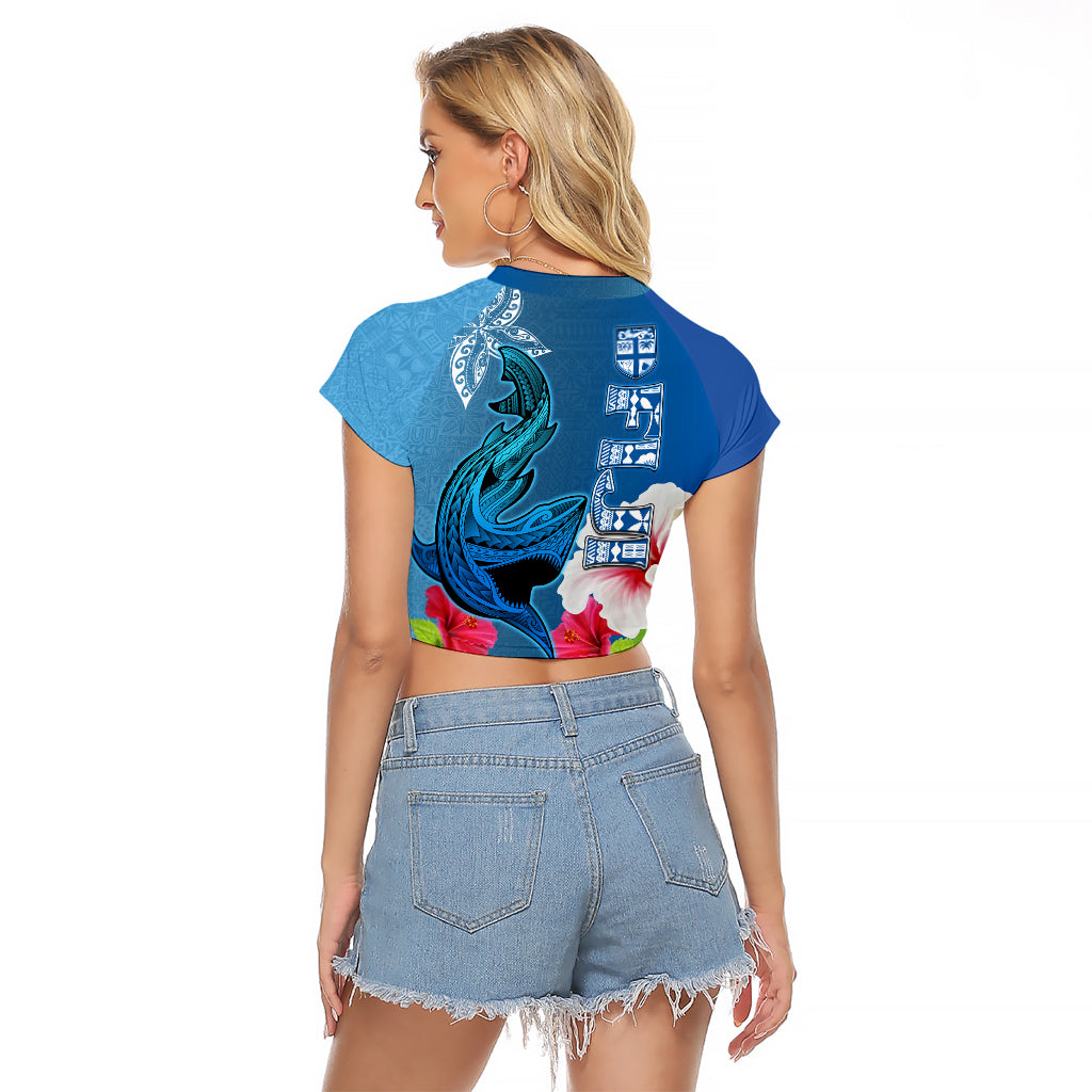 Polynesian Fiji Raglan Cropped T Shirt Shark and Hibiscus Tapa Pattern Blue Version LT03 - Polynesian Pride