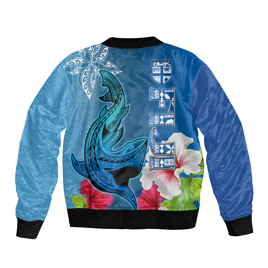 Polynesian Fiji Sleeve Zip Bomber Jacket Shark and Hibiscus Tapa Pattern Blue Version LT03 - Polynesian Pride