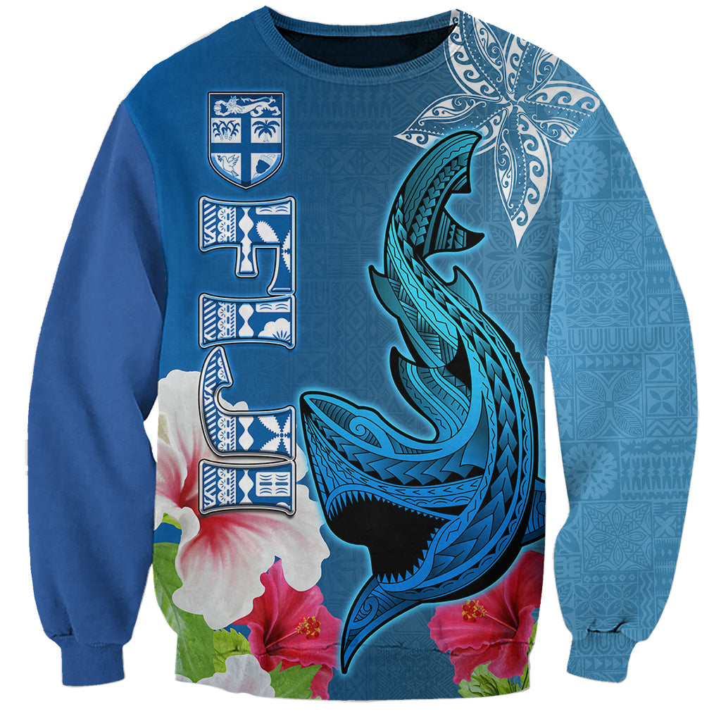 Polynesian Fiji Sweatshirt Shark and Hibiscus Tapa Pattern Blue Version LT03 Unisex Blue - Polynesian Pride