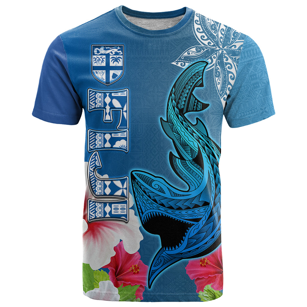 Polynesian Fiji T Shirt Shark and Hibiscus Tapa Pattern Blue Version LT03 Blue - Polynesian Pride