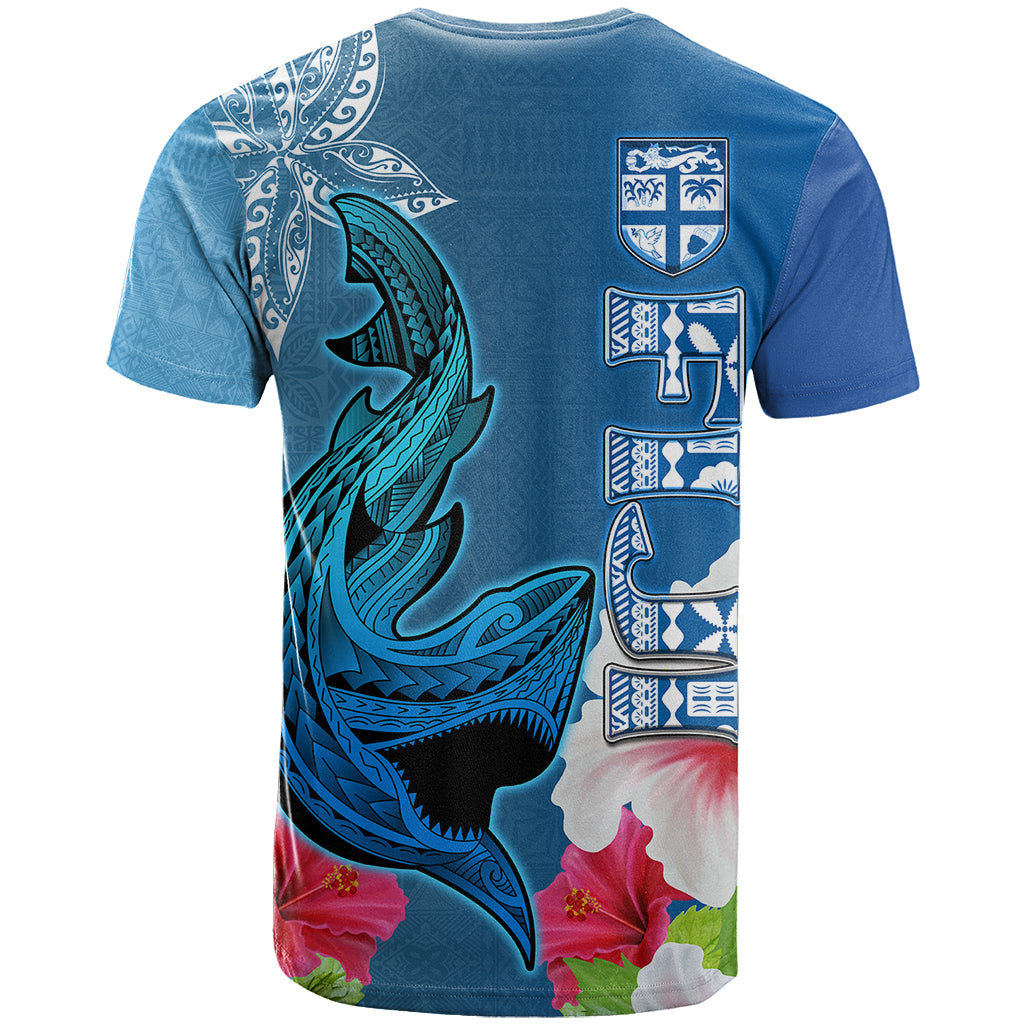 Polynesian Fiji T Shirt Shark and Hibiscus Tapa Pattern Blue Version LT03 - Polynesian Pride