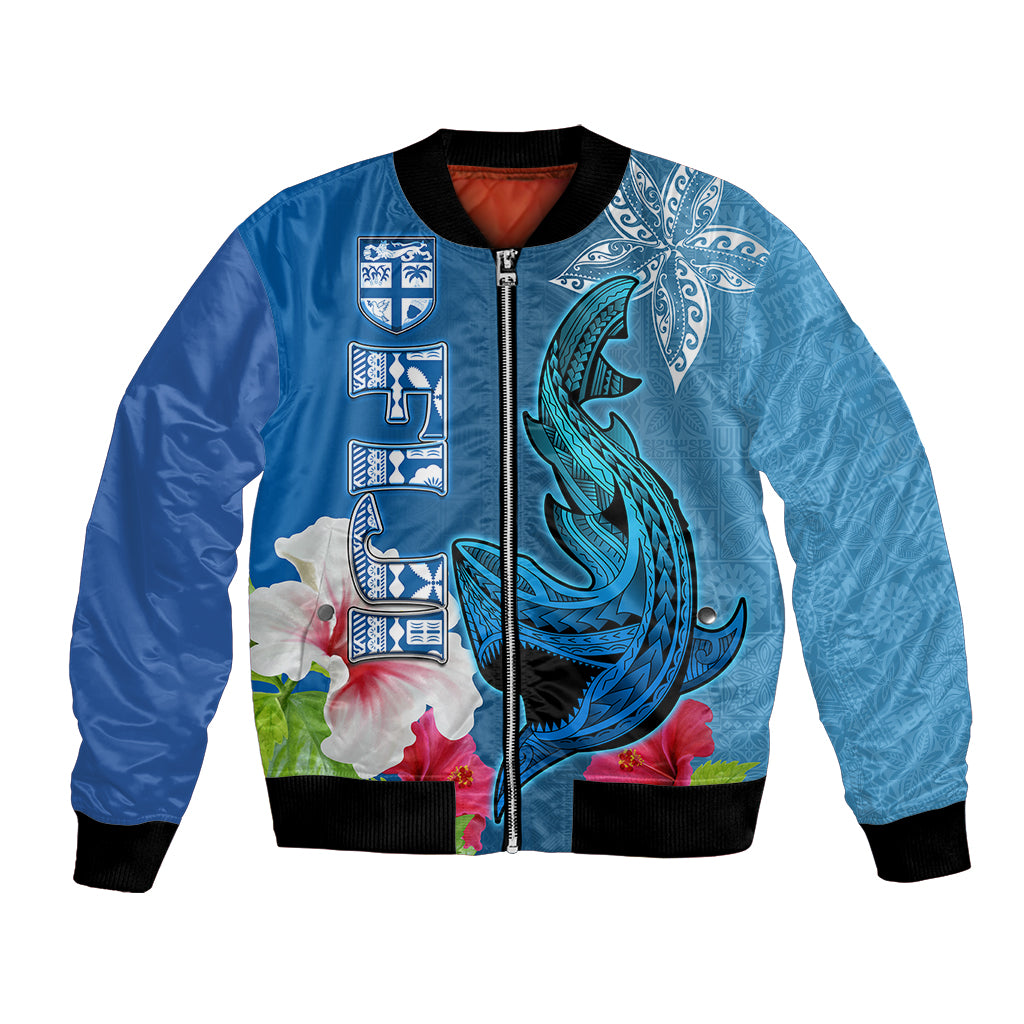 Custom Polynesian Fiji Bomber Jacket Shark and Hibiscus Tapa Pattern Blue Version LT03 Unisex Blue - Polynesian Pride