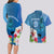 Custom Polynesian Fiji Couples Matching Long Sleeve Bodycon Dress and Hawaiian Shirt Shark and Hibiscus Tapa Pattern Blue Version LT03 - Polynesian Pride