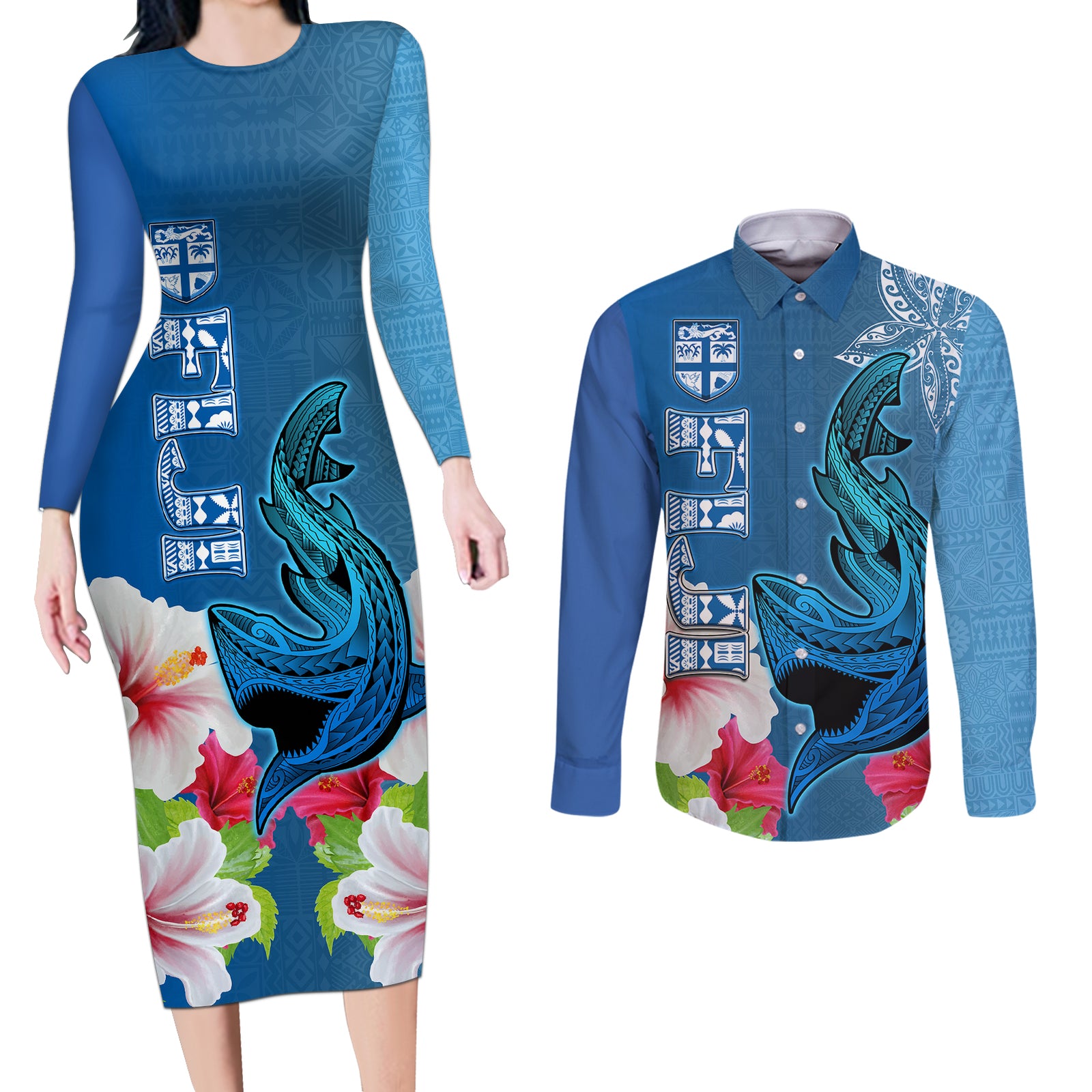 Custom Polynesian Fiji Couples Matching Long Sleeve Bodycon Dress and Long Sleeve Button Shirts Shark and Hibiscus Tapa Pattern Blue Version LT03 Blue - Polynesian Pride