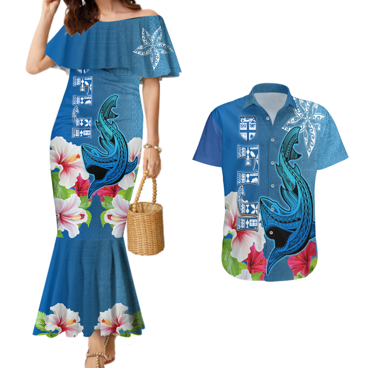 Custom Polynesian Fiji Couples Matching Mermaid Dress and Hawaiian Shirt Shark and Hibiscus Tapa Pattern Blue Version LT03 Blue - Polynesian Pride