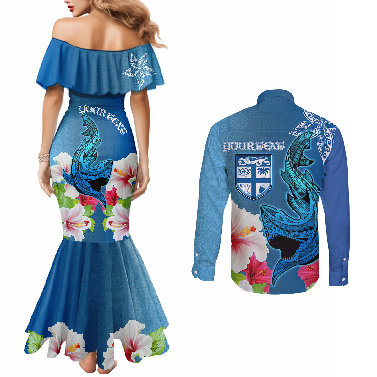 Custom Polynesian Fiji Couples Matching Mermaid Dress and Long Sleeve Button Shirts Shark and Hibiscus Tapa Pattern Blue Version LT03 - Polynesian Pride