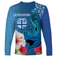 Custom Polynesian Fiji Long Sleeve Shirt Shark and Hibiscus Tapa Pattern Blue Version LT03 - Polynesian Pride