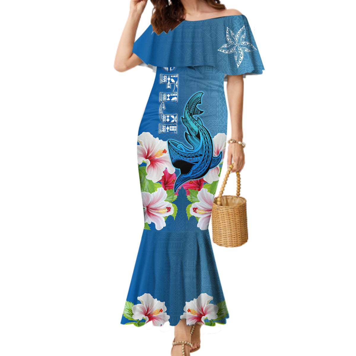 Custom Polynesian Fiji Mermaid Dress Shark and Hibiscus Tapa Pattern Blue Version LT03 Women Blue - Polynesian Pride