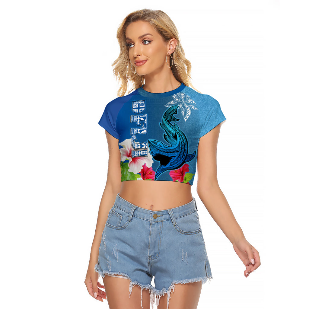 Custom Polynesian Fiji Raglan Cropped T Shirt Shark and Hibiscus Tapa Pattern Blue Version LT03 Female Blue - Polynesian Pride