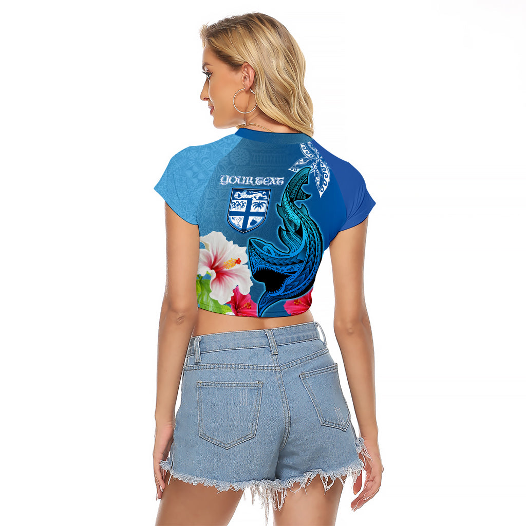 Custom Polynesian Fiji Raglan Cropped T Shirt Shark and Hibiscus Tapa Pattern Blue Version LT03 - Polynesian Pride