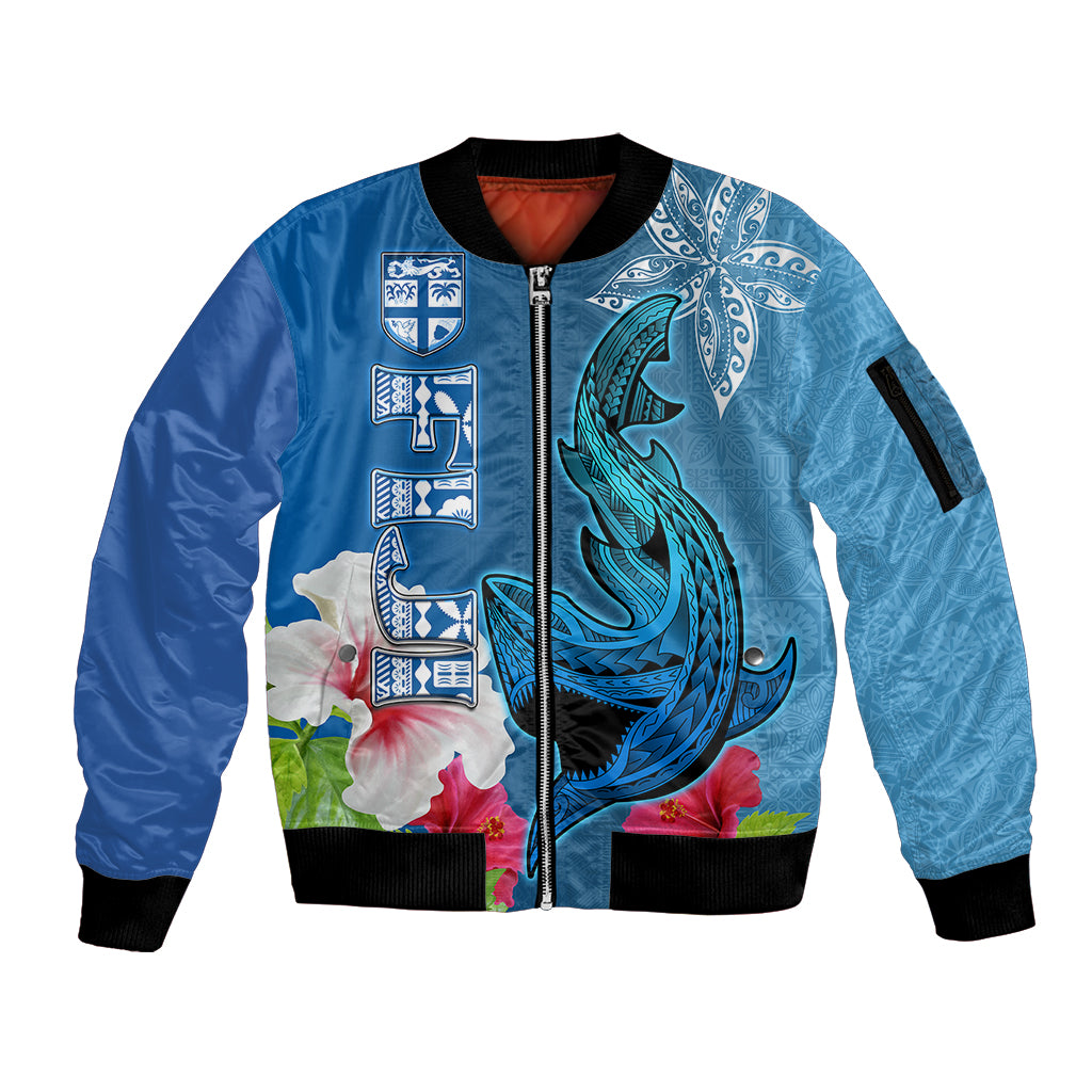 Custom Polynesian Fiji Sleeve Zip Bomber Jacket Shark and Hibiscus Tapa Pattern Blue Version LT03 Unisex Blue - Polynesian Pride
