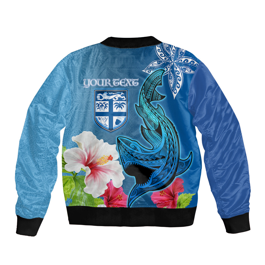 Custom Polynesian Fiji Sleeve Zip Bomber Jacket Shark and Hibiscus Tapa Pattern Blue Version LT03 - Polynesian Pride
