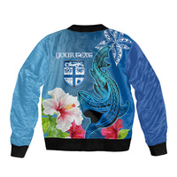 Custom Polynesian Fiji Sleeve Zip Bomber Jacket Shark and Hibiscus Tapa Pattern Blue Version LT03 - Polynesian Pride