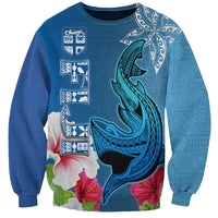 Custom Polynesian Fiji Sweatshirt Shark and Hibiscus Tapa Pattern Blue Version LT03 Unisex Blue - Polynesian Pride