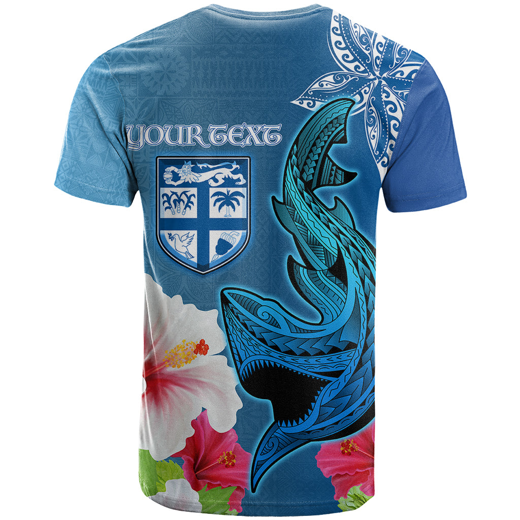 Custom Polynesian Fiji T Shirt Shark and Hibiscus Tapa Pattern Blue Version LT03 - Polynesian Pride