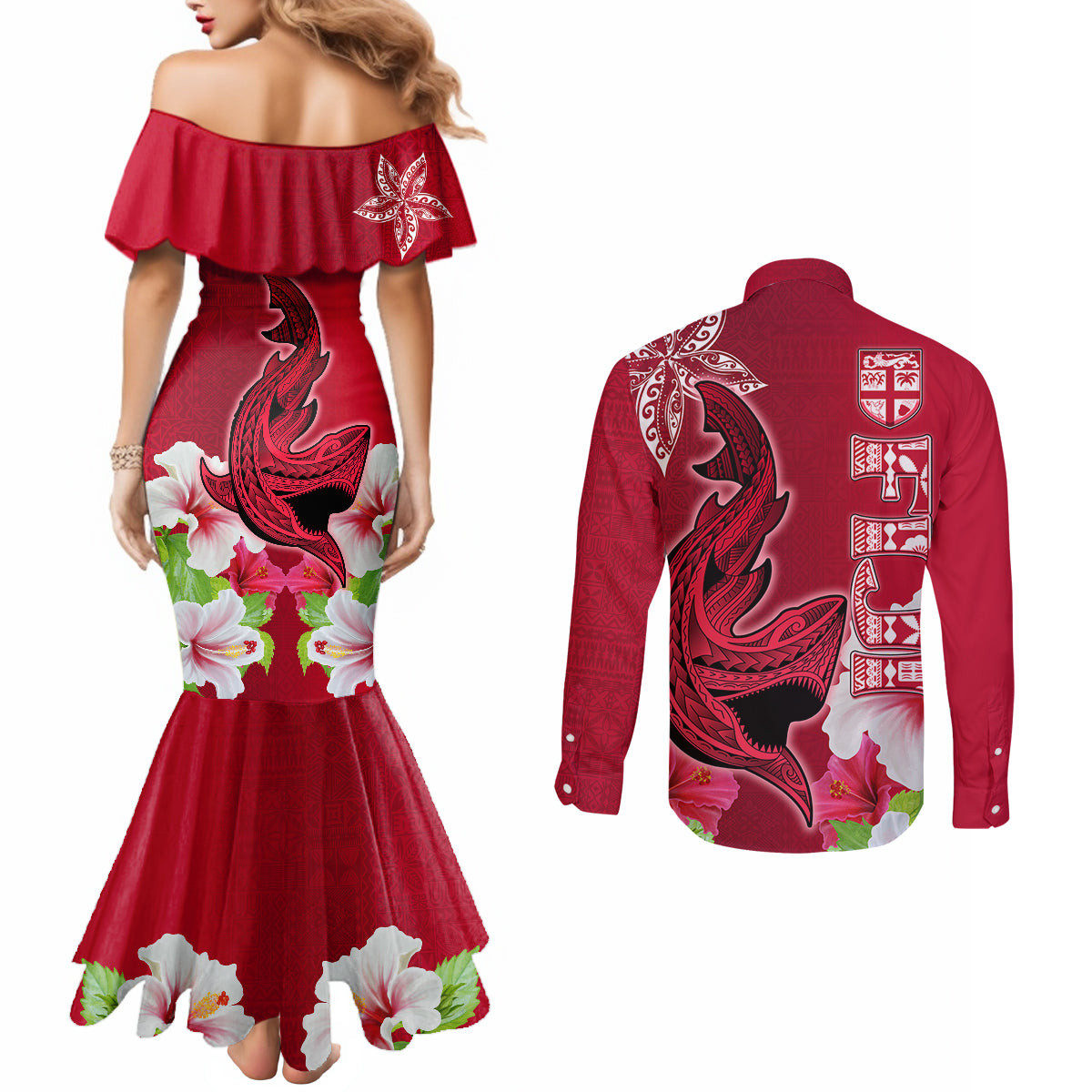 Polynesian Fiji Couples Matching Mermaid Dress and Long Sleeve Button Shirts Shark and Hibiscus Tapa Pattern Red Version LT03 - Polynesian Pride