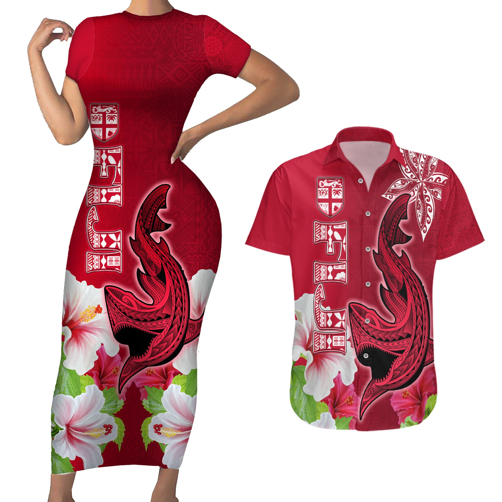 Polynesian Fiji Couples Matching Short Sleeve Bodycon Dress and Hawaiian Shirt Shark and Hibiscus Tapa Pattern Red Version LT03 Red - Polynesian Pride