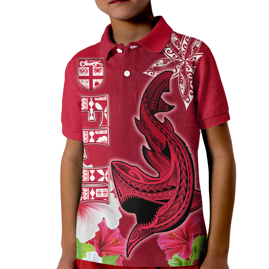 Polynesian Fiji Kid Polo Shirt Shark and Hibiscus Tapa Pattern Red Version LT03 Kid Red - Polynesian Pride