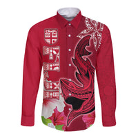 Polynesian Fiji Long Sleeve Button Shirt Shark and Hibiscus Tapa Pattern Red Version LT03 Unisex Red - Polynesian Pride