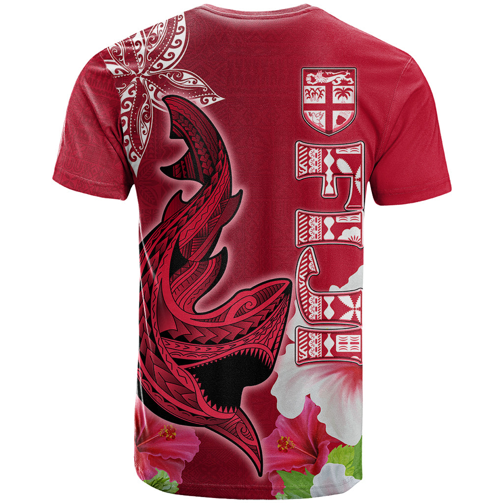 Polynesian Fiji T Shirt Shark and Hibiscus Tapa Pattern Red Version LT03 - Polynesian Pride