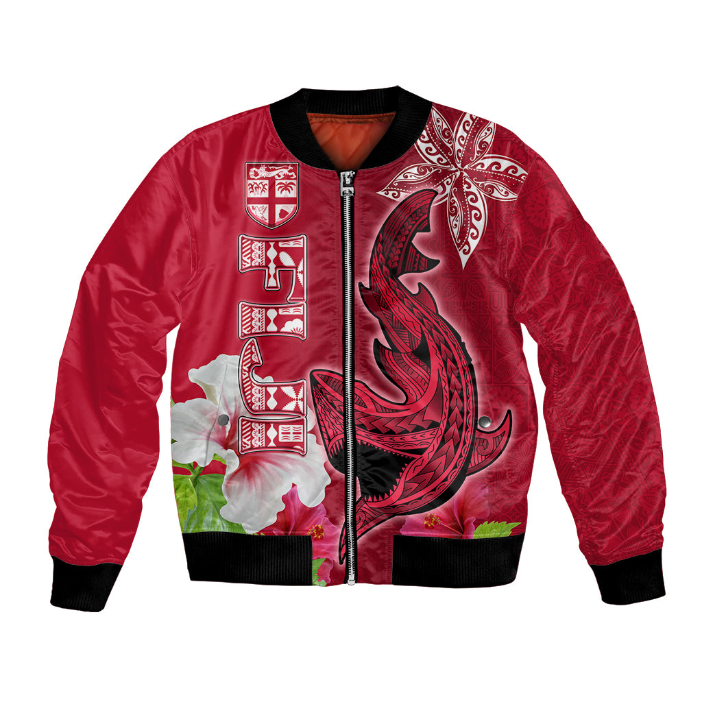 Custom Polynesian Fiji Bomber Jacket Shark and Hibiscus Tapa Pattern Red Version LT03 Unisex Red - Polynesian Pride