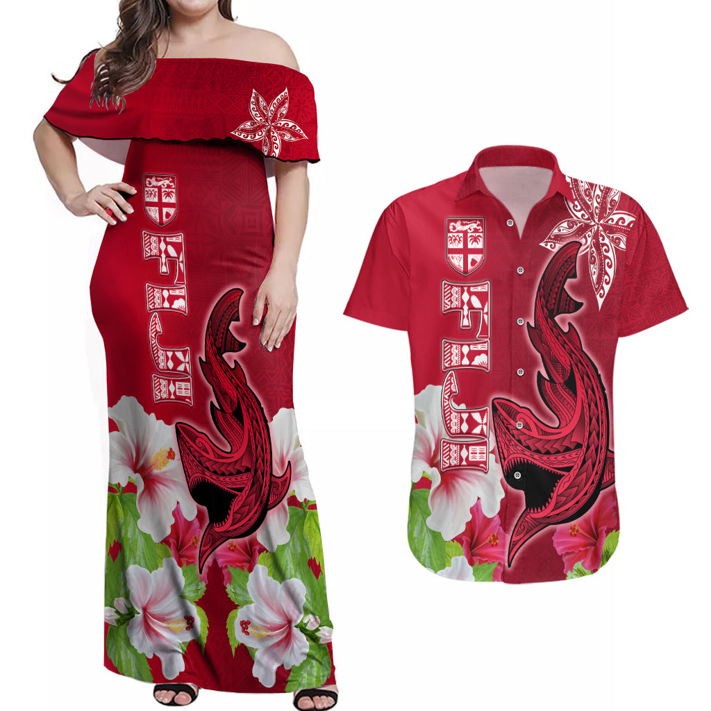 Custom Polynesian Fiji Couples Matching Off Shoulder Maxi Dress and Hawaiian Shirt Shark and Hibiscus Tapa Pattern Red Version LT03 Red - Polynesian Pride