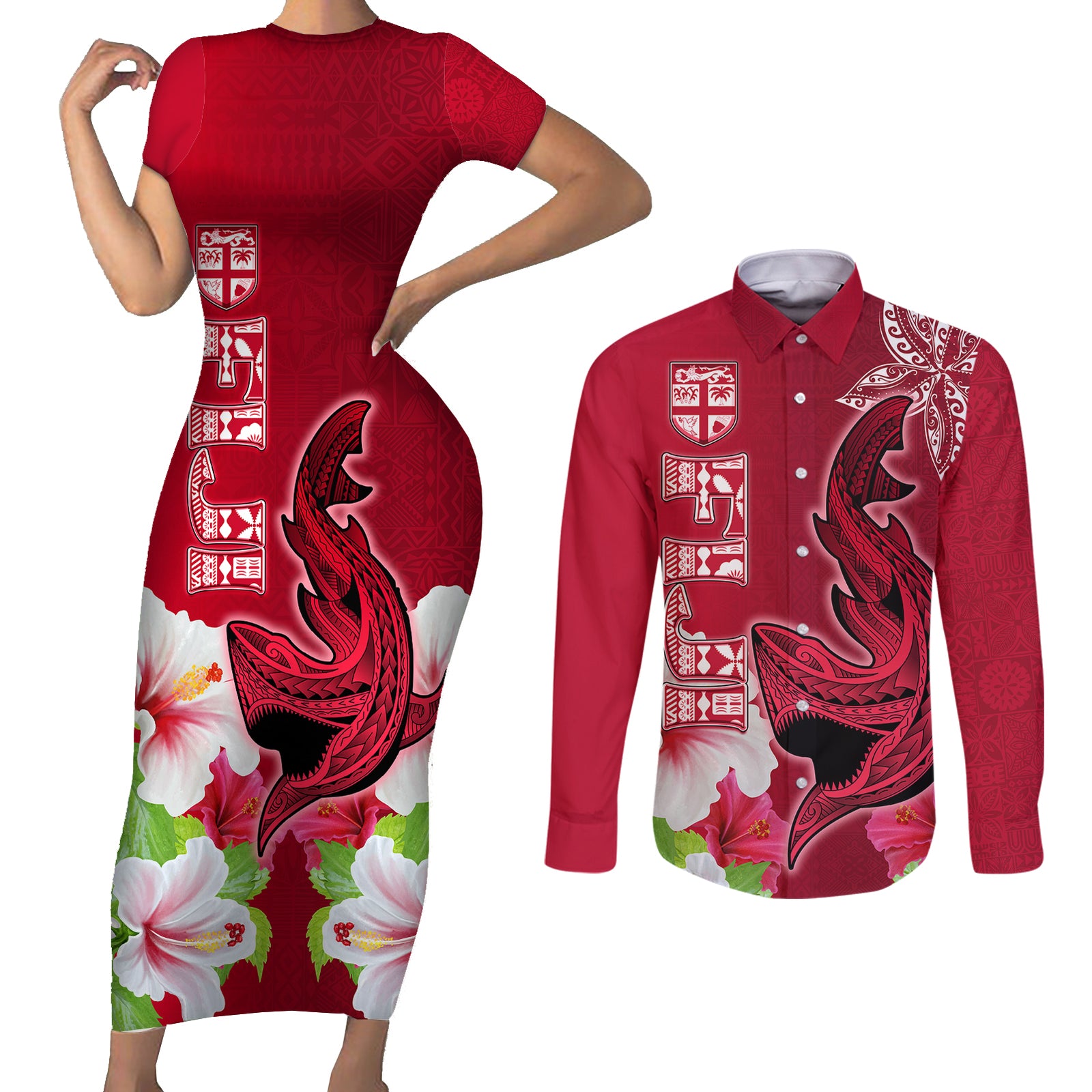 Custom Polynesian Fiji Couples Matching Short Sleeve Bodycon Dress and Long Sleeve Button Shirts Shark and Hibiscus Tapa Pattern Red Version LT03 Red - Polynesian Pride