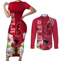 Custom Polynesian Fiji Couples Matching Short Sleeve Bodycon Dress and Long Sleeve Button Shirts Shark and Hibiscus Tapa Pattern Red Version LT03 Red - Polynesian Pride