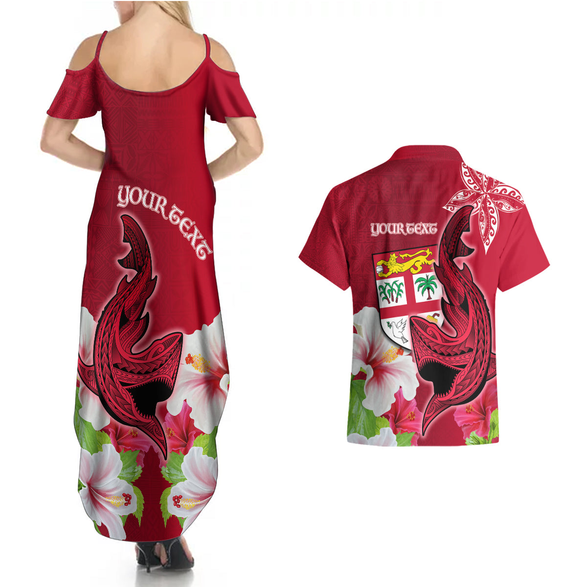 Custom Polynesian Fiji Couples Matching Summer Maxi Dress and Hawaiian Shirt Shark and Hibiscus Tapa Pattern Red Version LT03 - Polynesian Pride