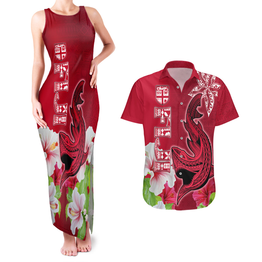 Custom Polynesian Fiji Couples Matching Tank Maxi Dress and Hawaiian Shirt Shark and Hibiscus Tapa Pattern Red Version LT03 Red - Polynesian Pride