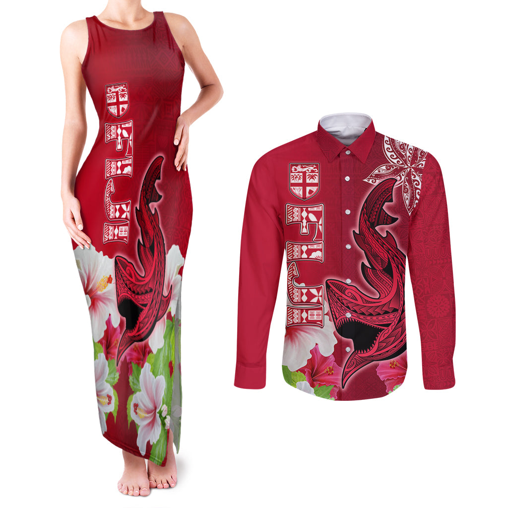 Custom Polynesian Fiji Couples Matching Tank Maxi Dress and Long Sleeve Button Shirts Shark and Hibiscus Tapa Pattern Red Version LT03 Red - Polynesian Pride