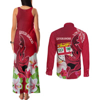Custom Polynesian Fiji Couples Matching Tank Maxi Dress and Long Sleeve Button Shirts Shark and Hibiscus Tapa Pattern Red Version LT03 - Polynesian Pride
