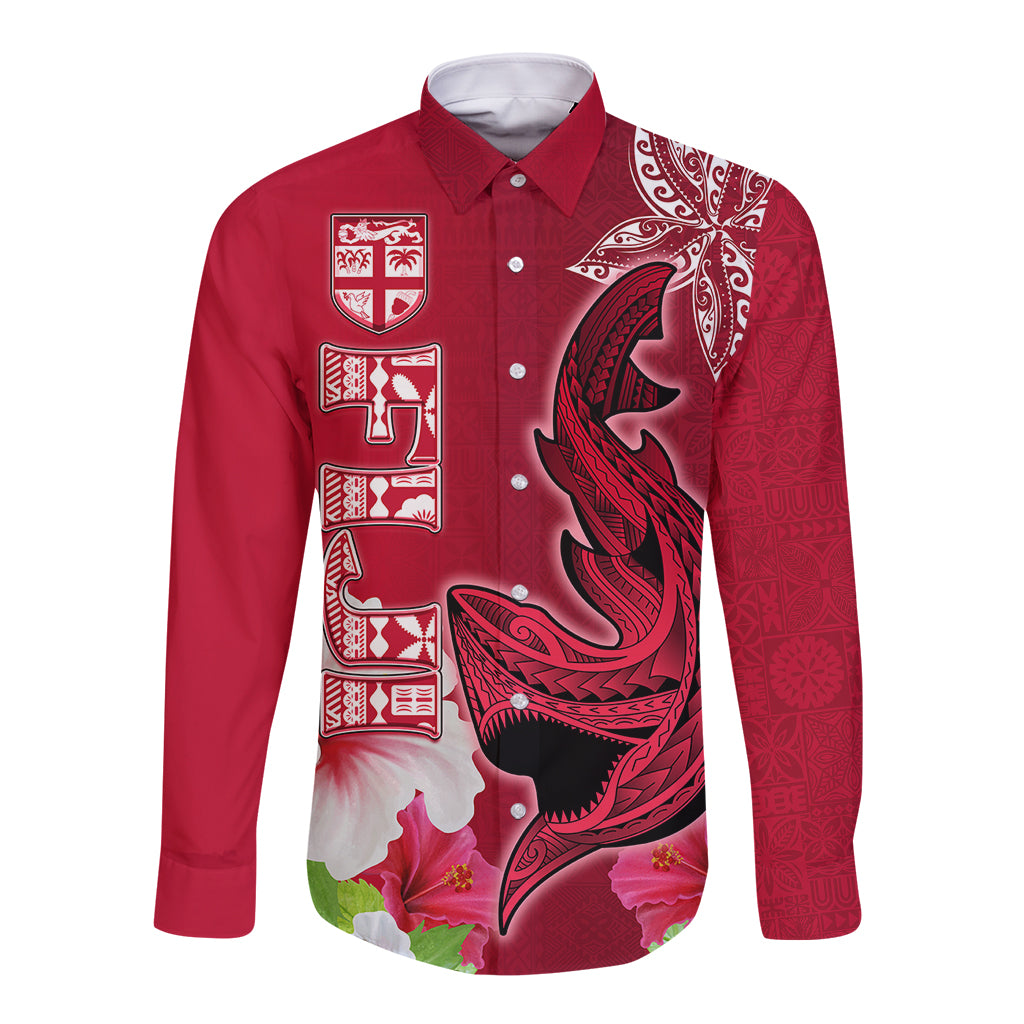 Custom Polynesian Fiji Long Sleeve Button Shirt Shark and Hibiscus Tapa Pattern Red Version LT03 Unisex Red - Polynesian Pride