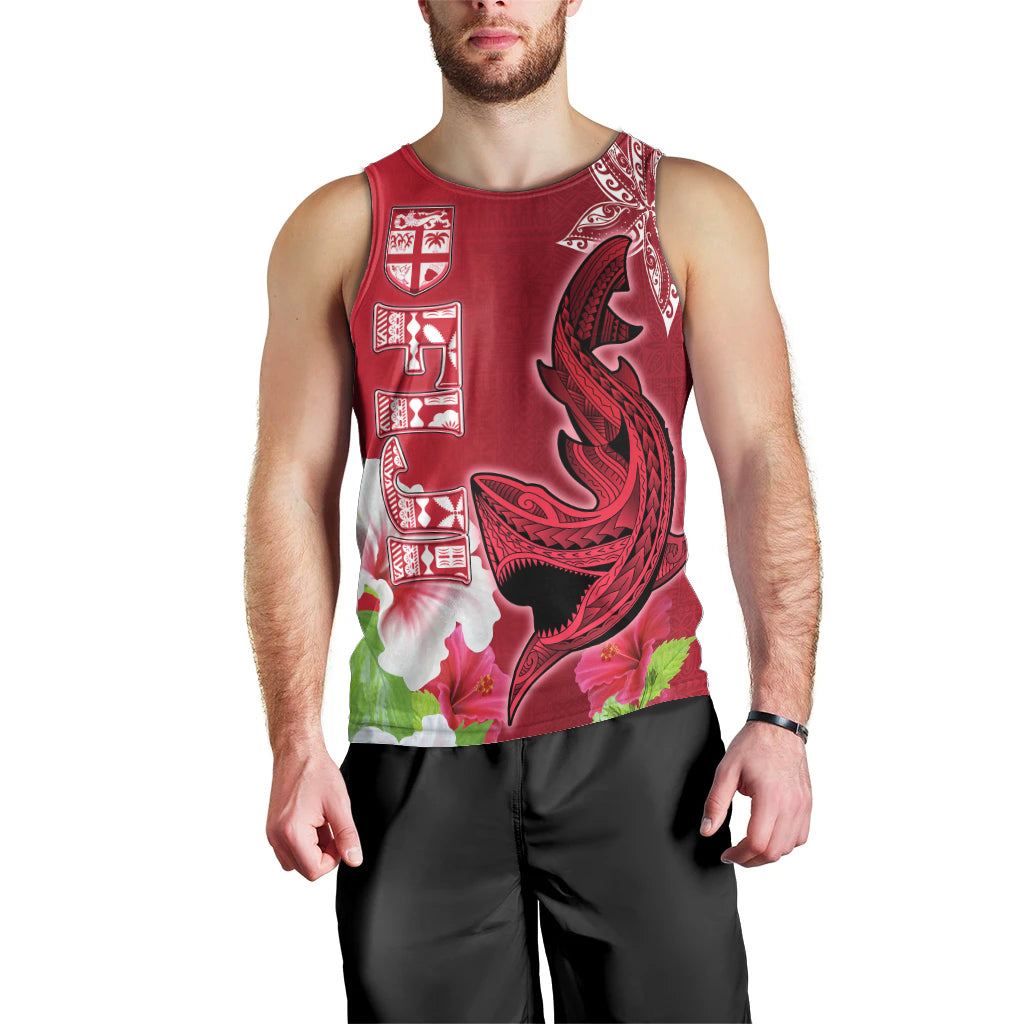 Custom Polynesian Fiji Men Tank Top Shark and Hibiscus Tapa Pattern Red Version LT03 - Polynesian Pride