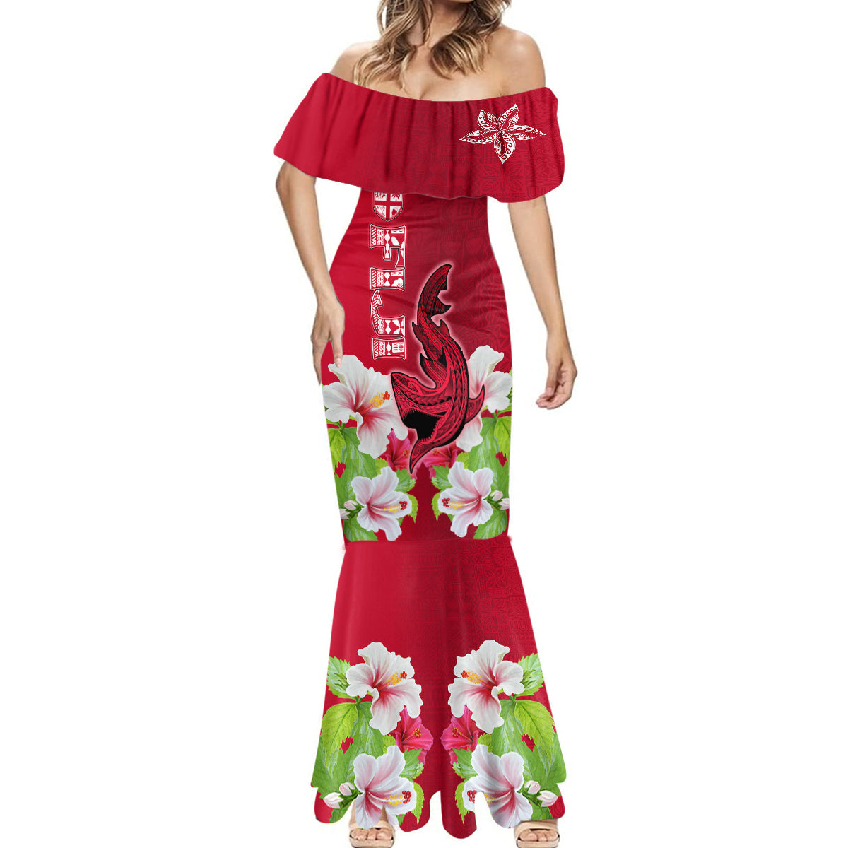 Custom Polynesian Fiji Mermaid Dress Shark and Hibiscus Tapa Pattern Red Version LT03 - Polynesian Pride