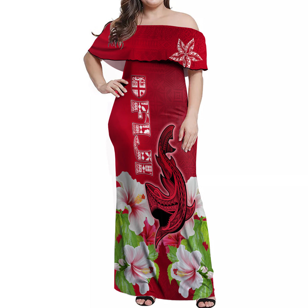 Custom Polynesian Fiji Off Shoulder Maxi Dress Shark and Hibiscus Tapa Pattern Red Version LT03 Women Red - Polynesian Pride