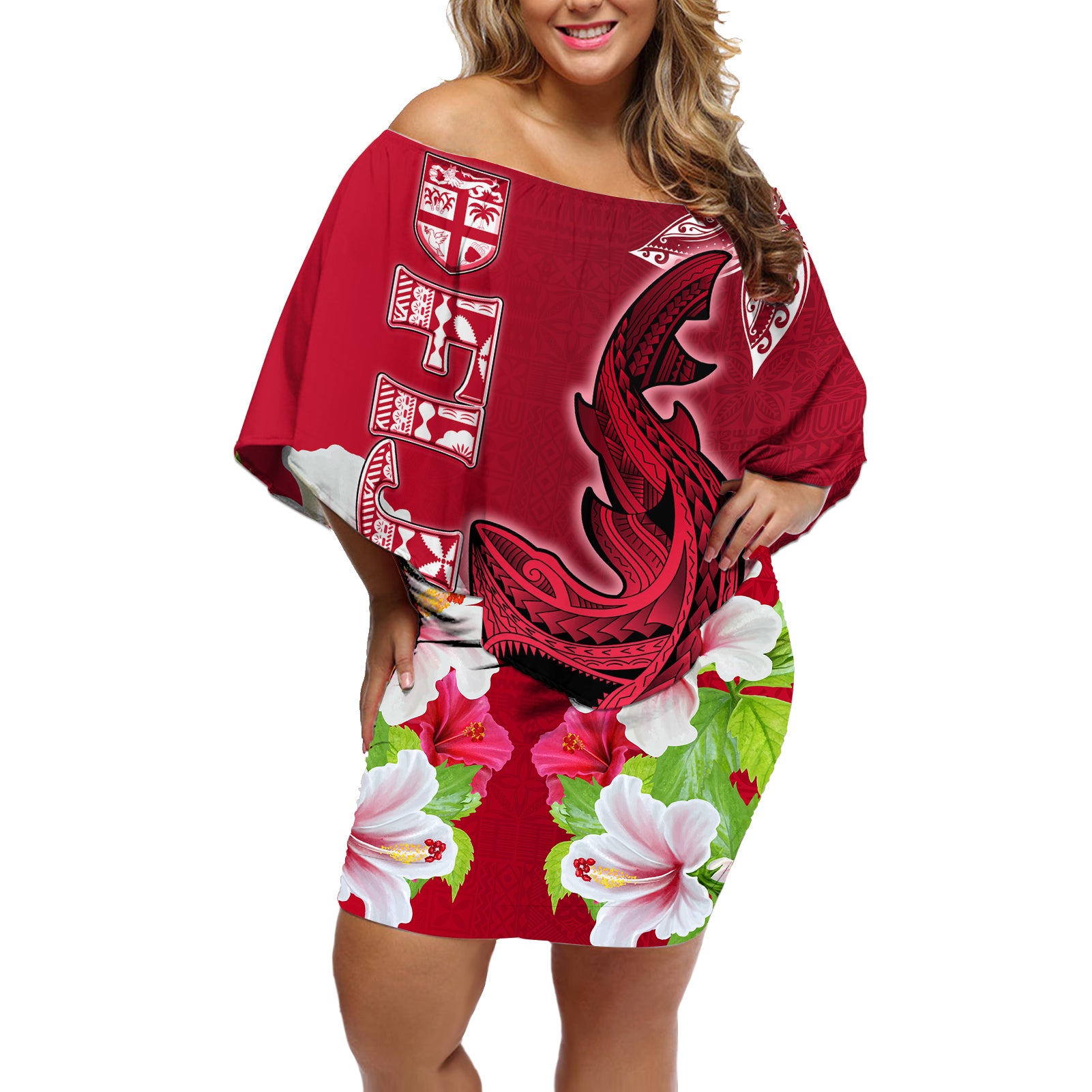 Custom Polynesian Fiji Off Shoulder Short Dress Shark and Hibiscus Tapa Pattern Red Version LT03 Women Red - Polynesian Pride