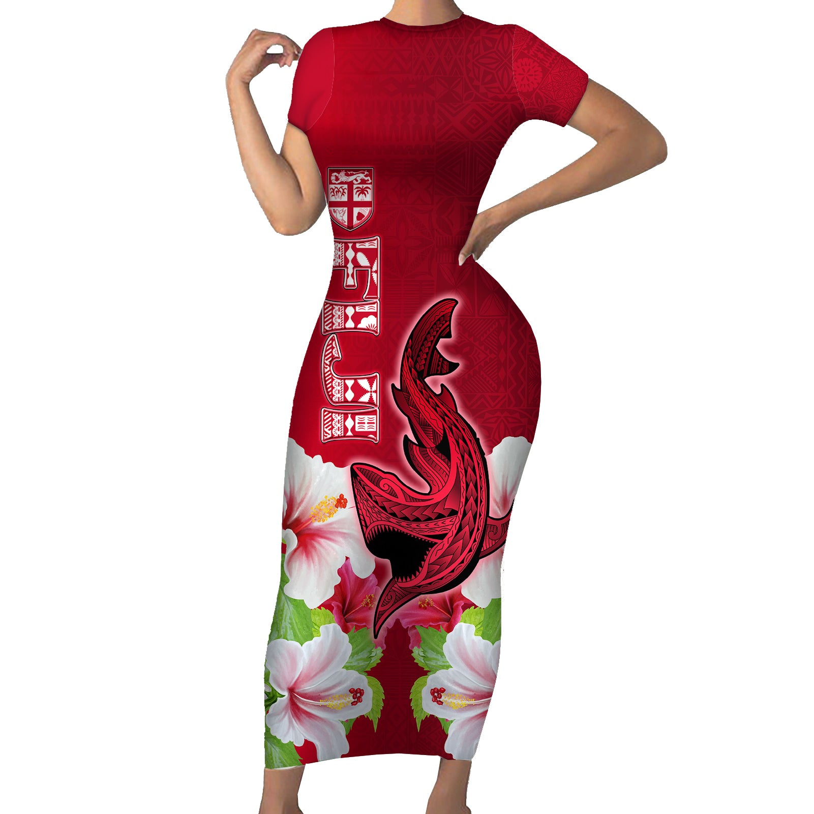 Custom Polynesian Fiji Short Sleeve Bodycon Dress Shark and Hibiscus Tapa Pattern Red Version LT03 Long Dress Red - Polynesian Pride