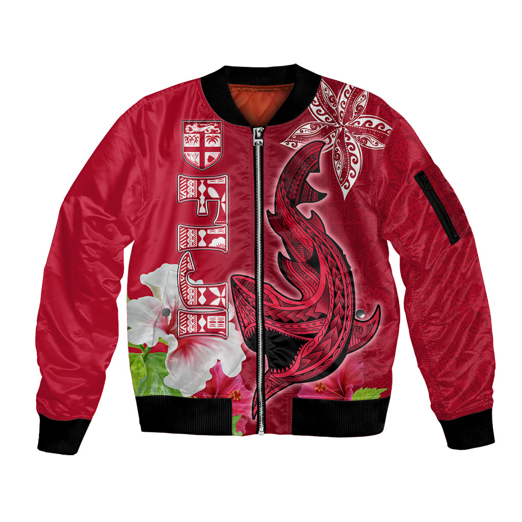 Custom Polynesian Fiji Sleeve Zip Bomber Jacket Shark and Hibiscus Tapa Pattern Red Version LT03 Unisex Red - Polynesian Pride