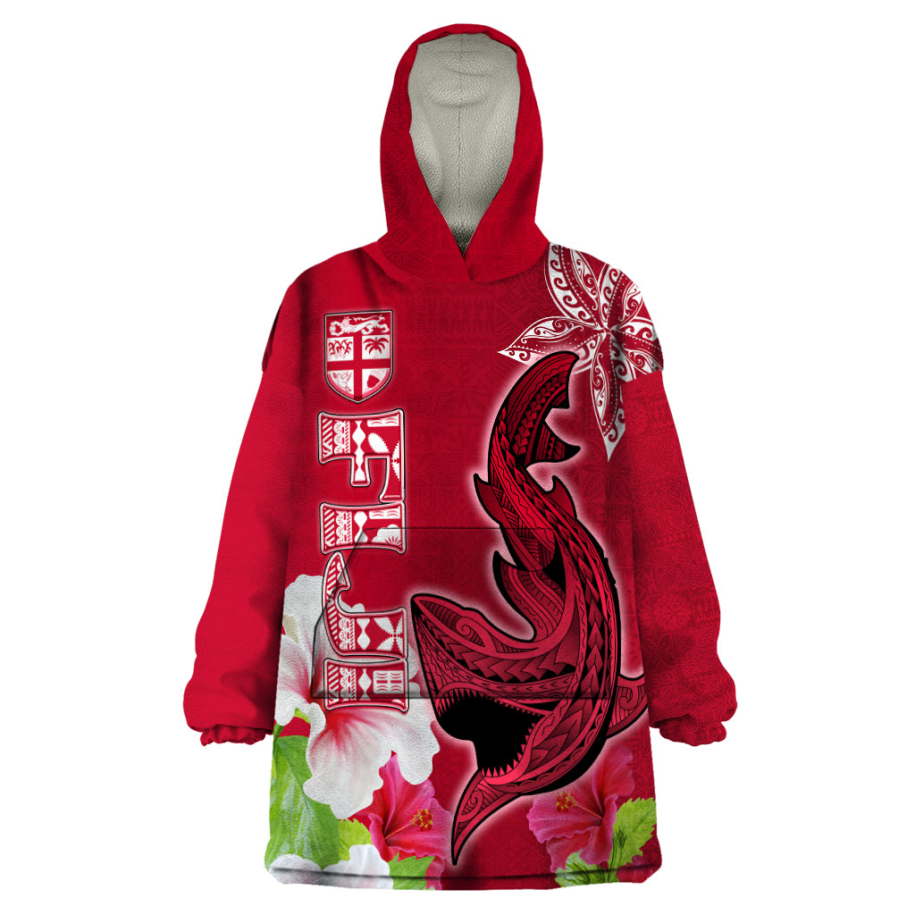 Custom Polynesian Fiji Wearable Blanket Hoodie Shark and Hibiscus Tapa Pattern Red Version LT03 One Size Red - Polynesian Pride