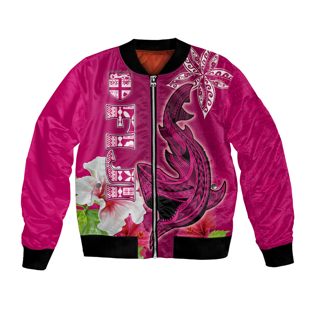 Polynesian Fiji Bomber Jacket Shark and Hibiscus Tapa Pattern Purple Version LT03 Unisex Pink - Polynesian Pride