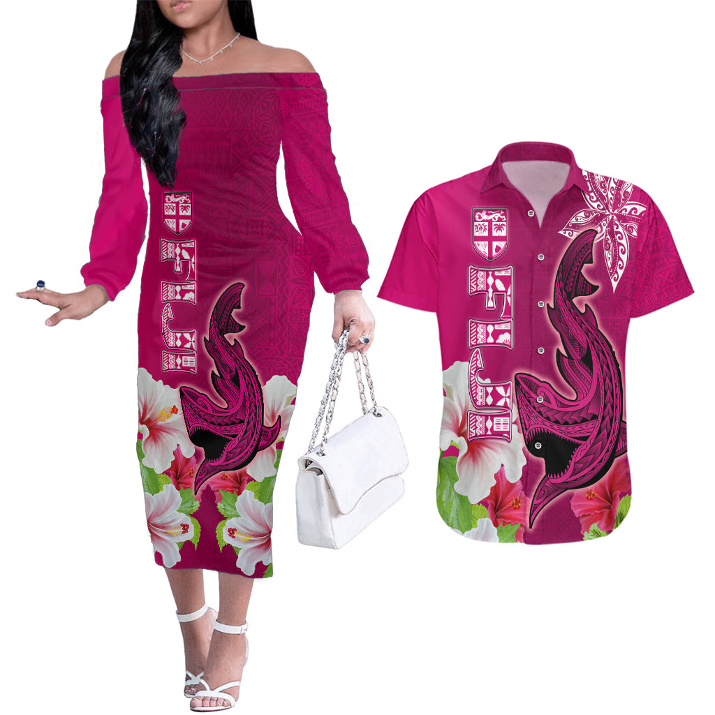 Polynesian Fiji Couples Matching Off The Shoulder Long Sleeve Dress and Hawaiian Shirt Shark and Hibiscus Tapa Pattern Purple Version LT03 Pink - Polynesian Pride