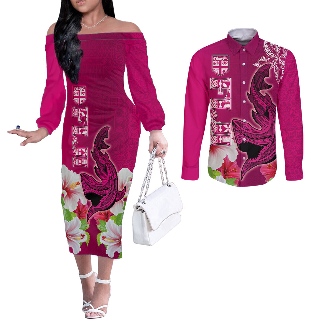 Polynesian Fiji Couples Matching Off The Shoulder Long Sleeve Dress and Long Sleeve Button Shirts Shark and Hibiscus Tapa Pattern Purple Version LT03 Pink - Polynesian Pride